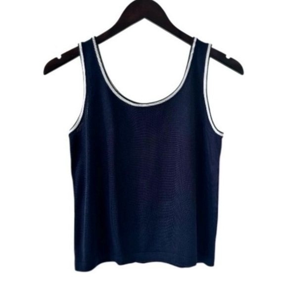 Linda Allard Ellen Tracy Navy with White Trim Sleeveless Scoop Neck Knit Sweater - Picture 2 of 7
